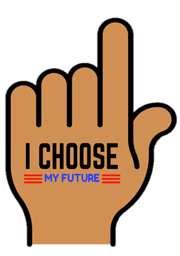 Hand with pointer finger up and thumb sticking out with text that says "I choose my future"